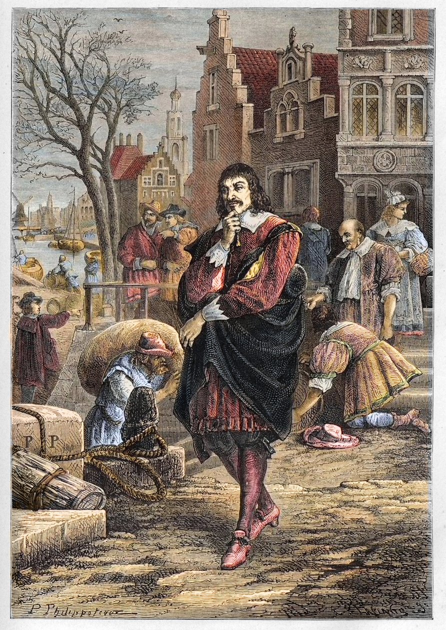 René Descartes (1596-1650), filósofo y matemático francés caminando por las calles de Ámsterdam - grabado de "L