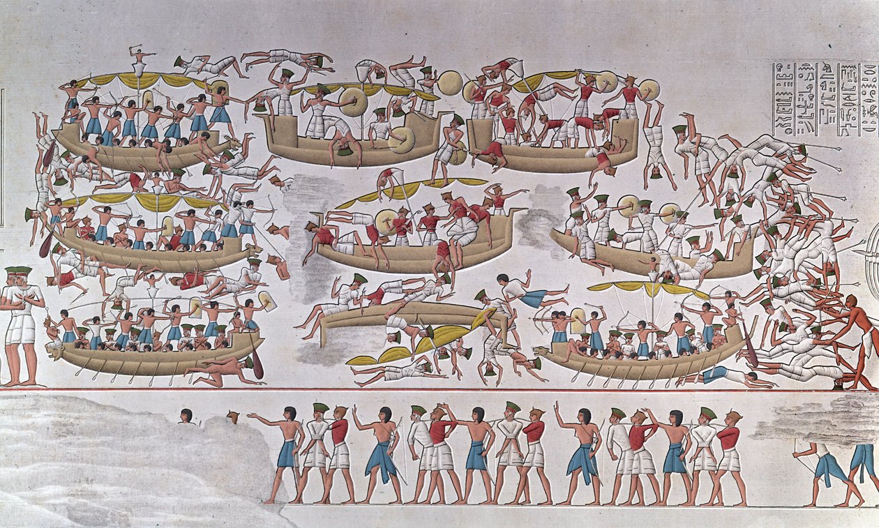 Representación de la Batalla del Delta del Nilo entre los ejércitos de Ramsés III y los Pueblos del Mar. De un relieve en el templo funerario de Medinet Habou, Egipto de Anonymous Anonymous