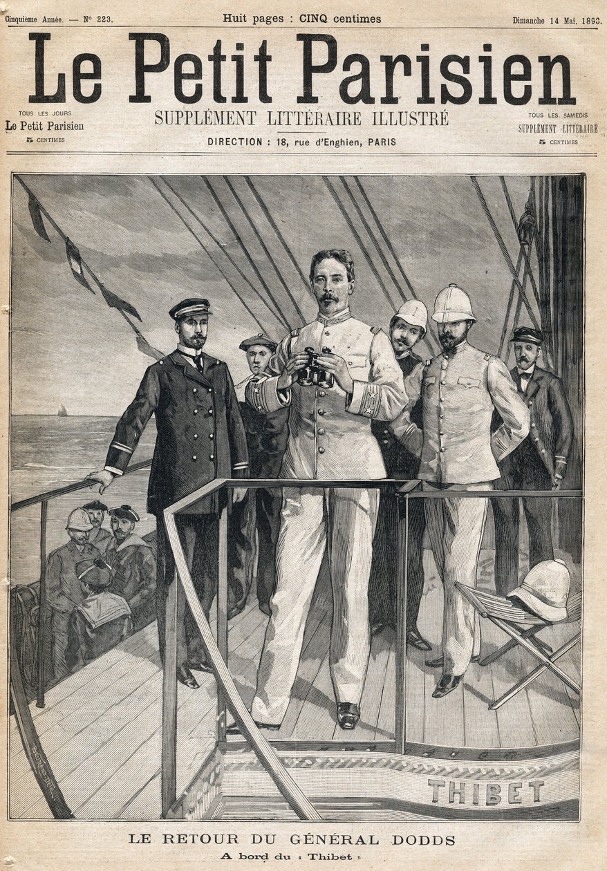 Regreso del General Alfred Dodds (1842-1922) de la expedición de Dahomey a bordo del Thibet. Uno del periódico "Le Petit Parisien" el 14/05/1893. de Anonymous Anonymous