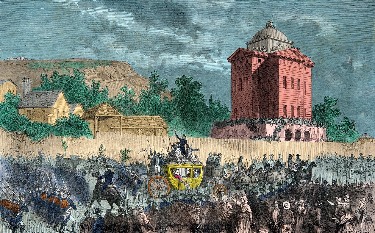 Retorno de Varennes, la familia real llevada de regreso a París el 25 de junio de 1791, grabado, colección privada de Anonymous Anonymous