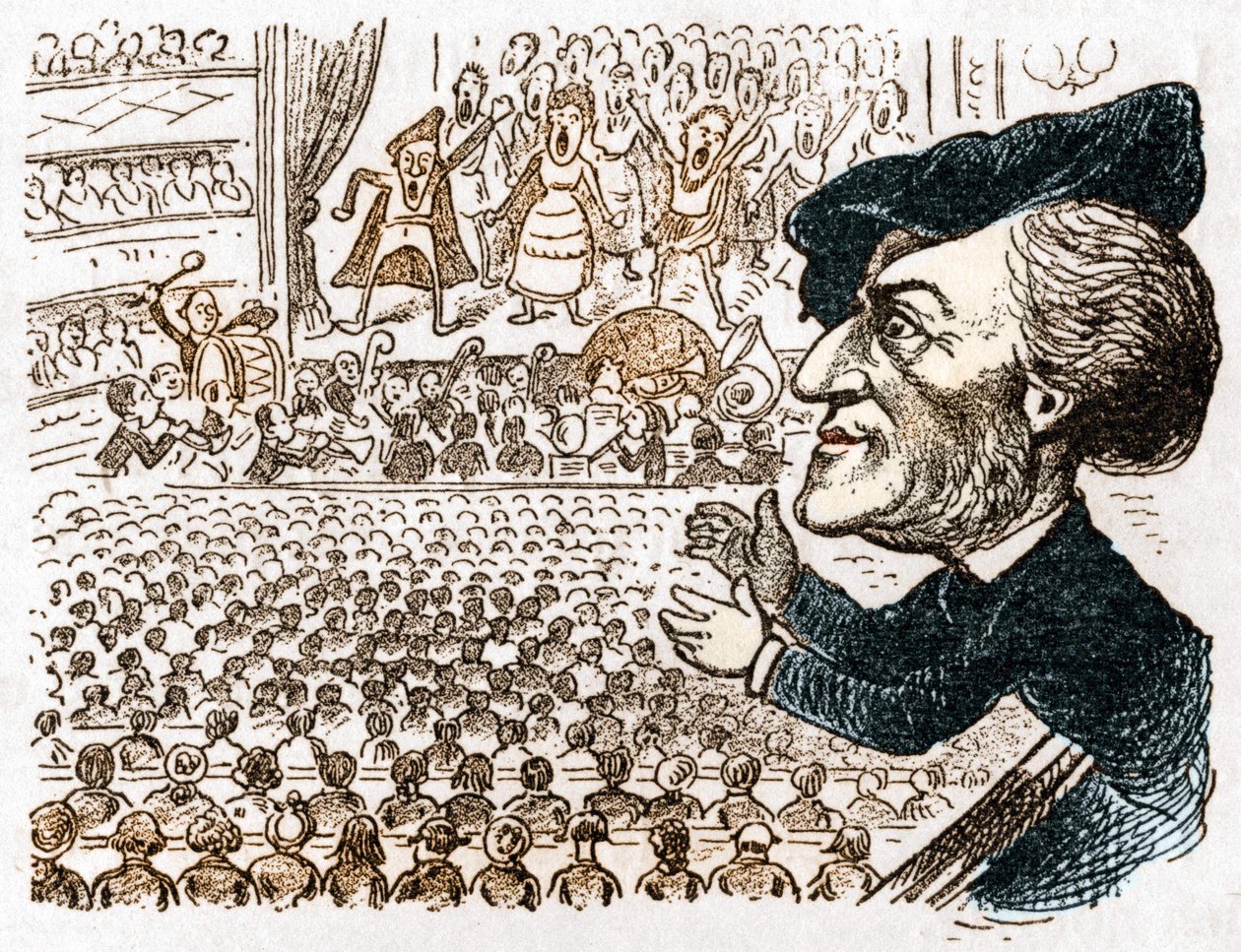 Richard Wagner emplea a cientos de cantantes, músicos, millones de personas alquilan asientos y él es el único que aplaude. Caricatura del compositor alemán Richard Wagner (1813-1883) de Les moeurs et la caricature en allemand por J. Grand-Carteret. Alrede de Anonymous Anonymous