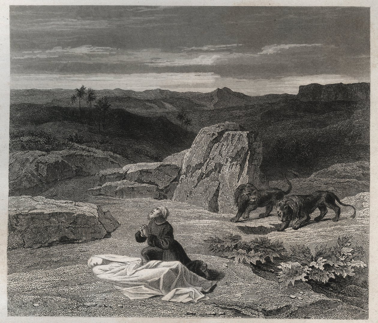 San Antonio Abad (San Antonio el Grande) (250/251-356) (o San Antonio el Ermitaño) enterrando a San Pablo de Tebas en el desierto. Grabado de 1846 en “Vidas de los santos”. Colección privada de Anonymous Anonymous