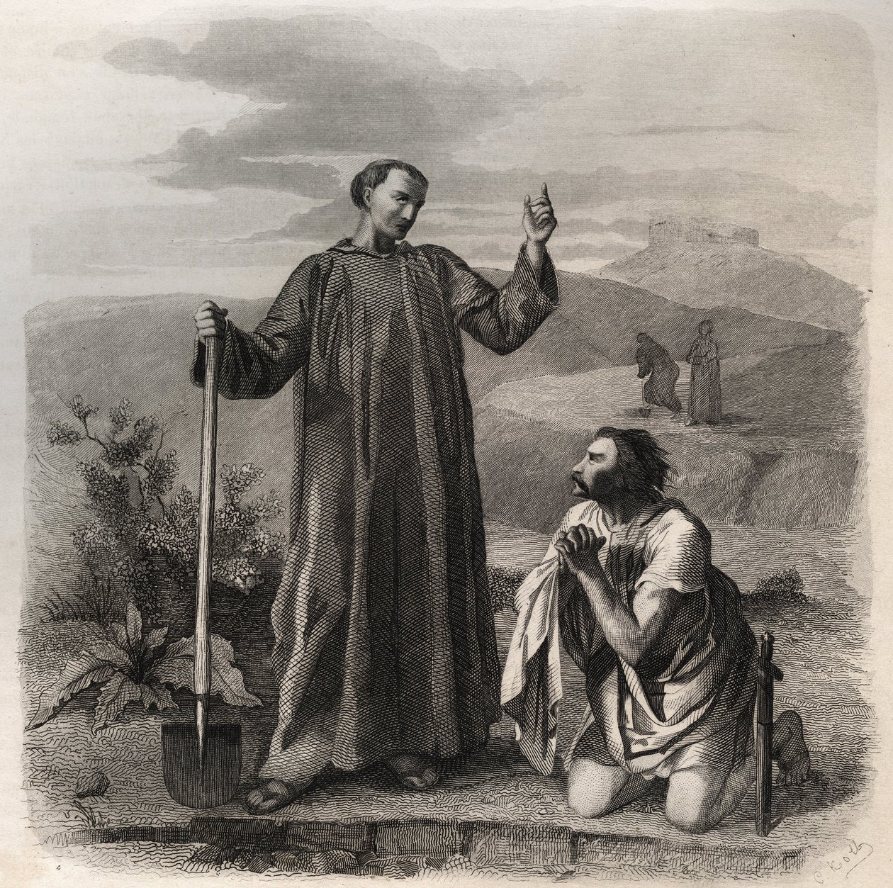 San Benito de Nursia dando la bienvenida a Totila (siglo VI) rey de los ostrogodos. Grabado de 1846 en “Vidas de los santos”. Colección privada de Anonymous Anonymous