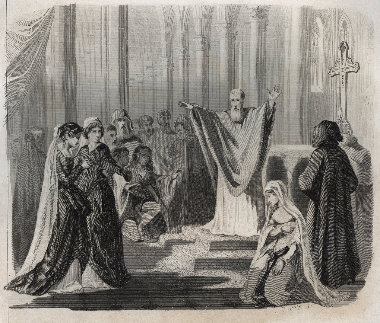 San Dunstan (ca. 909-988), obispo de Canterbury, benedictino y reformador de la vida monástica en Inglaterra, anunciando su inminente muerte al pueblo. Grabado de 1846 en “Lives of the saints”. Colección privada. de Anonymous Anonymous