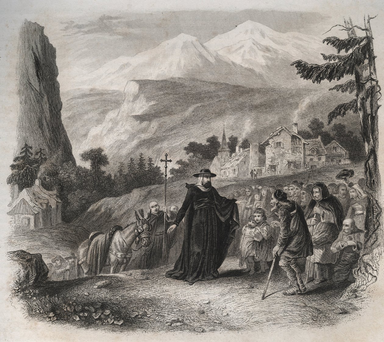 San Francisco de Sales (1567-1622), obispo de Ginebra en una visita pastoral. Grabado de 1846 en “Vidas de los santos”. Colección privada de Anonymous Anonymous