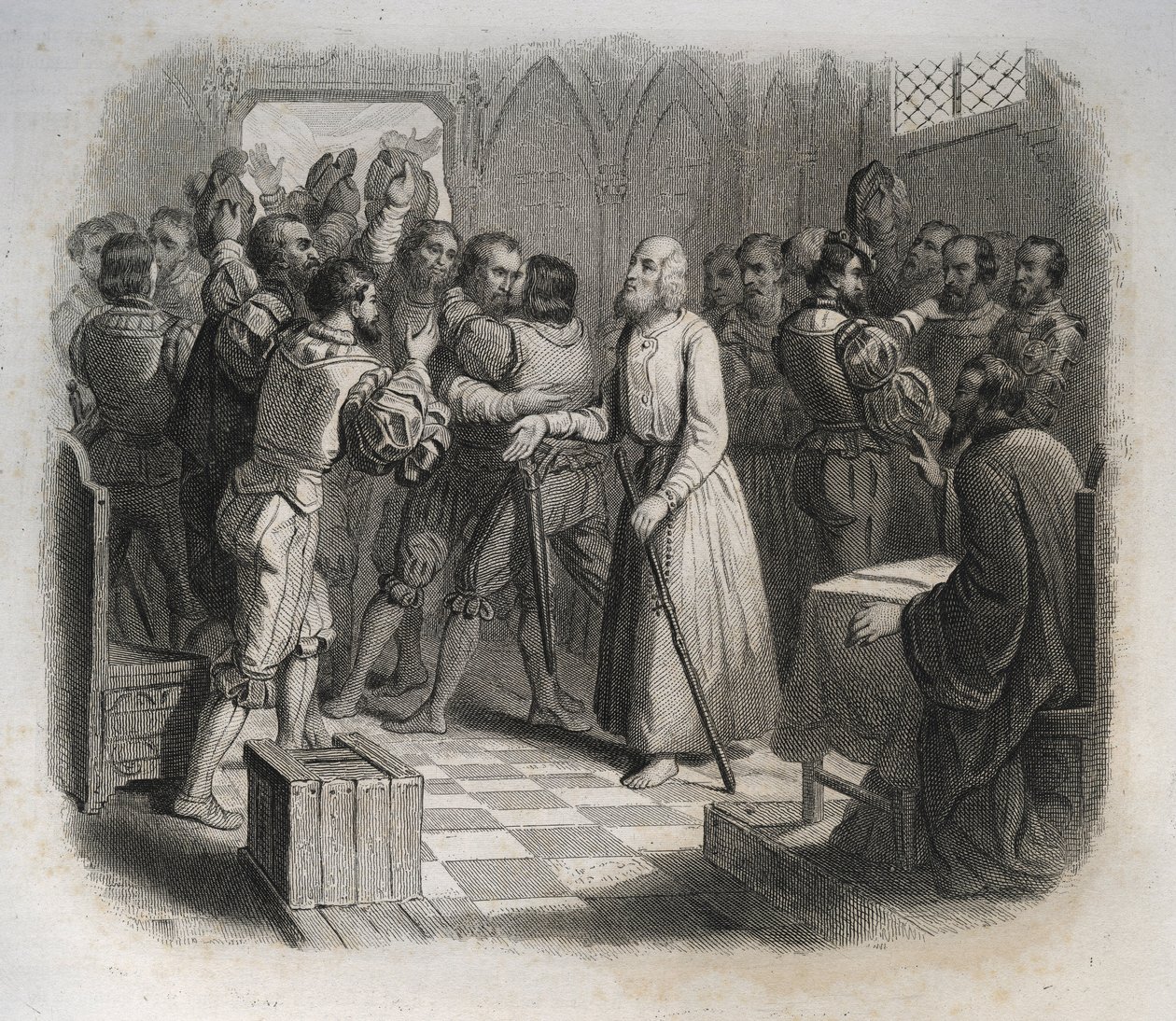 San Nicolás de Flue o Hermano Klaus (1417-1487), un ermitaño suizo reconciliando a los confederados suizos que estaban a punto de iniciar la guerra civil. Grabado de 1846 en "Vidas de los santos". Colección privada de Anonymous Anonymous