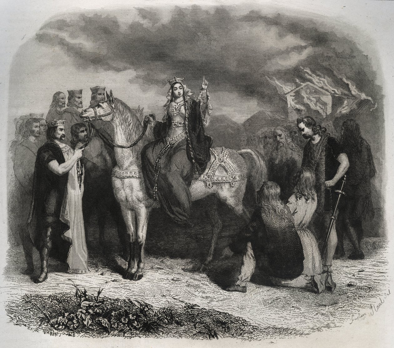 Santa Radegunda (Radegunda de Poitiers, 519-587) quemó un templo pagano y convirtió a los galos a la religión cristiana. Grabado de 1846 en "Vidas de los santos". Colección privada de Anonymous Anonymous