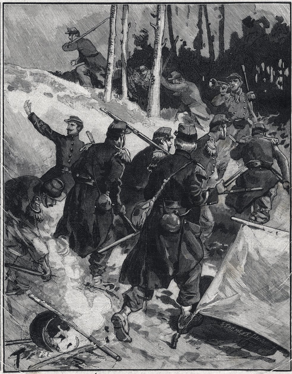 Escena de la novela de Emile Zola (1840-1902) "La Debacle". Grabado en "Le petit parisien" el 28/02/1892. Colección privada de Anonymous Anonymous