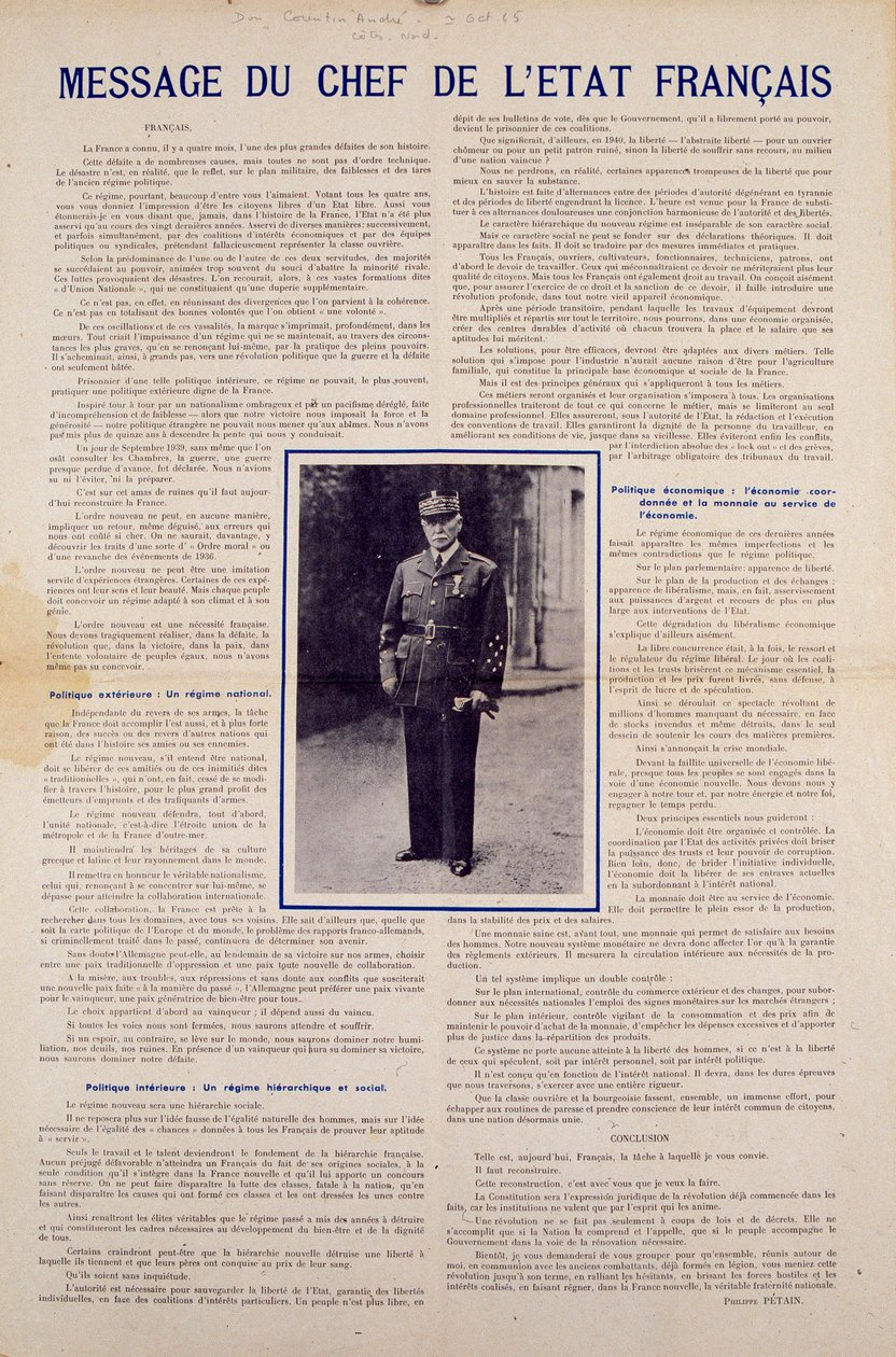 Segunda Guerra Mundial y régimen de Vichy: mensaje del jefe de estado francés Philippe Pétain publicado tras el armisticio firmado por Francia en junio de 1940 y presentando el programa de la Revolución Nacional, otoño de 1940. Colección privada de Anonymous Anonymous
