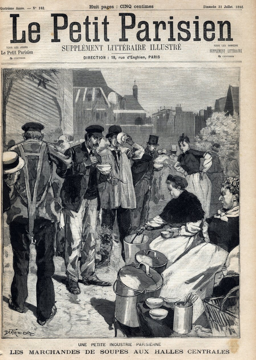 Pequeña industria parisina: vendedores de sopas en los mercados centrales. Grabado. En "Le petit parisien" el 31/07/1892. Colección privada de Anonymous Anonymous