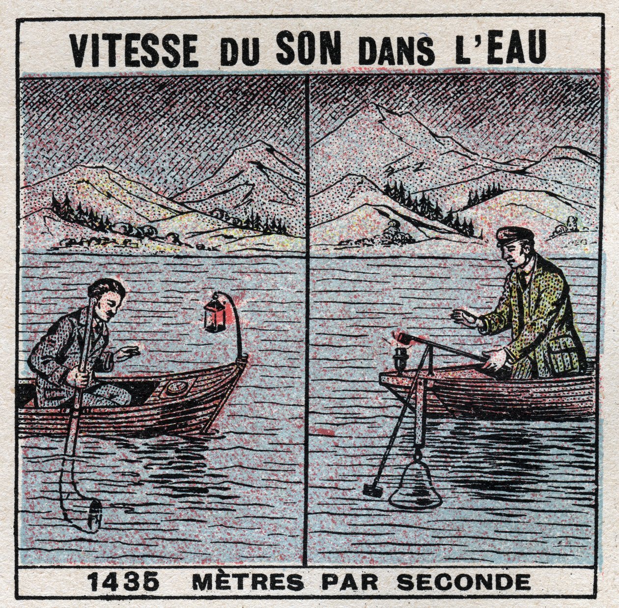 Energía sonora: velocidad del sonido en el agua. Experiencia de 1826-1827 por Jean Daniel (Jean-Daniel) Colladon (1802-1893) y Charles Francois Sturm (1803-1855) en el Lago de Ginebra (Lago Lemán). Dos barcos amarrados a 14 km de distancia, uno de los barc de Anonymous Anonymous