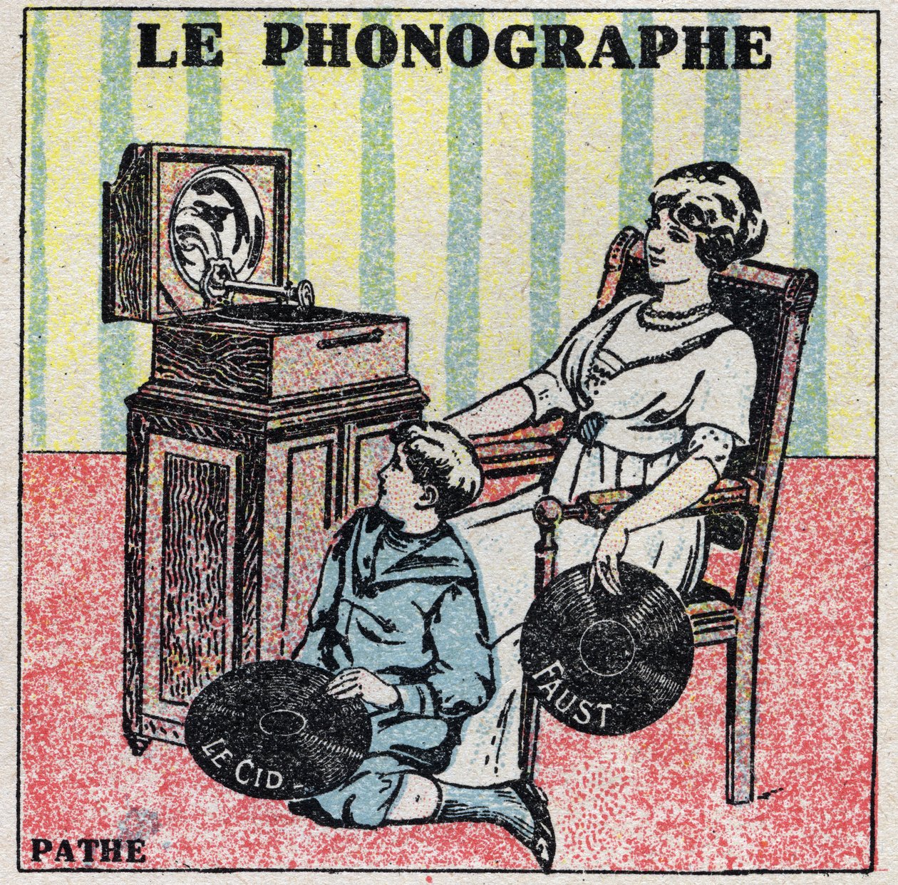 Energía sonora: el fonógrafo. Una madre y su hijo escuchan un disco en un fonógrafo Pathe. Ilustración anónima de 1925. Colección privada. de Anonymous Anonymous