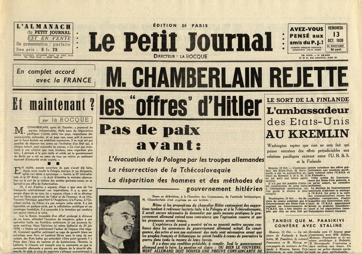 THE SMITTLE JOURNAL VIERNES 13 DE OCTUBRE DE 1939 Neville CHAMBERLAIN (1869-1940) RECHAZA las ofertas de Adolf Hitler de Anonymous Anonymous