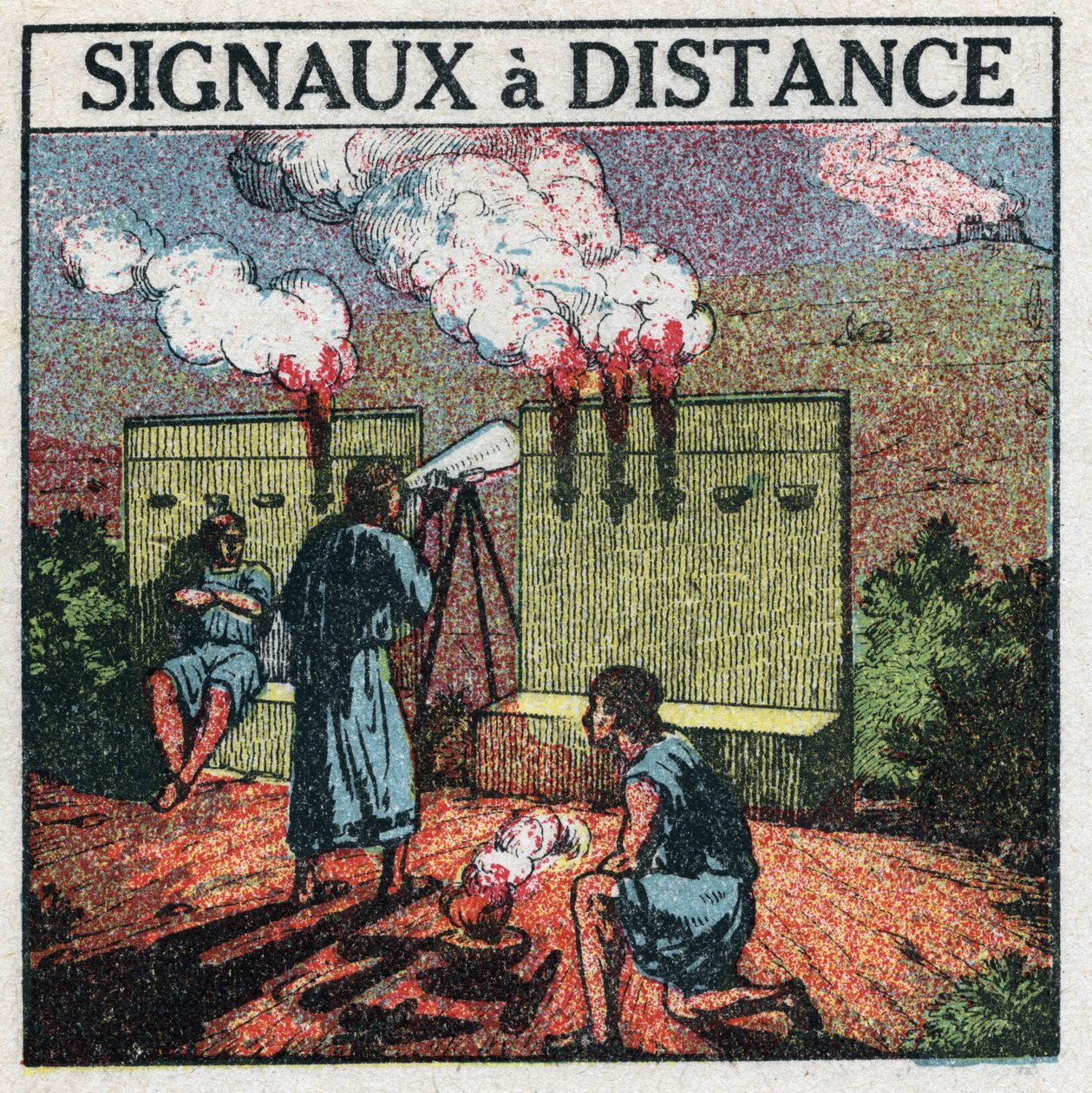 Telégrafo: señales de luz remotas utilizadas por los griegos de la Antigüedad para comunicarse. Ilustración anónima de 1925. Colección privada. de Anonymous Anonymous