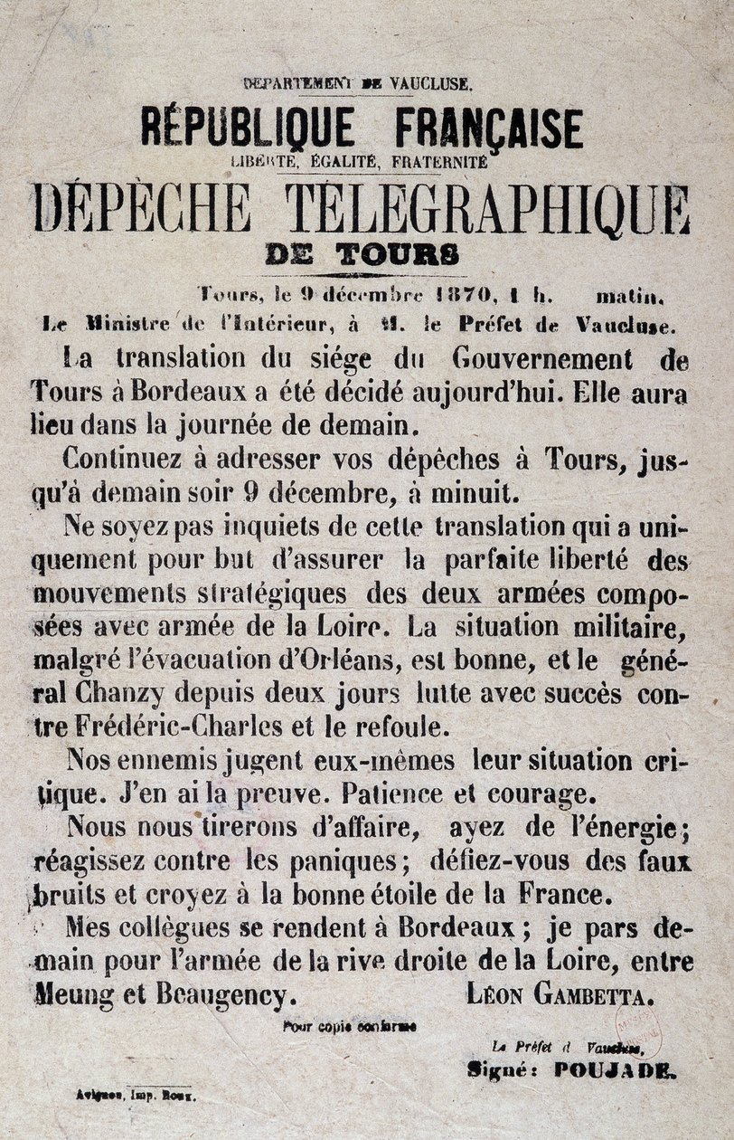 Noticias telegráficas de Tours del 9/12/1870 por Léon Gambetta de Anonymous Anonymous