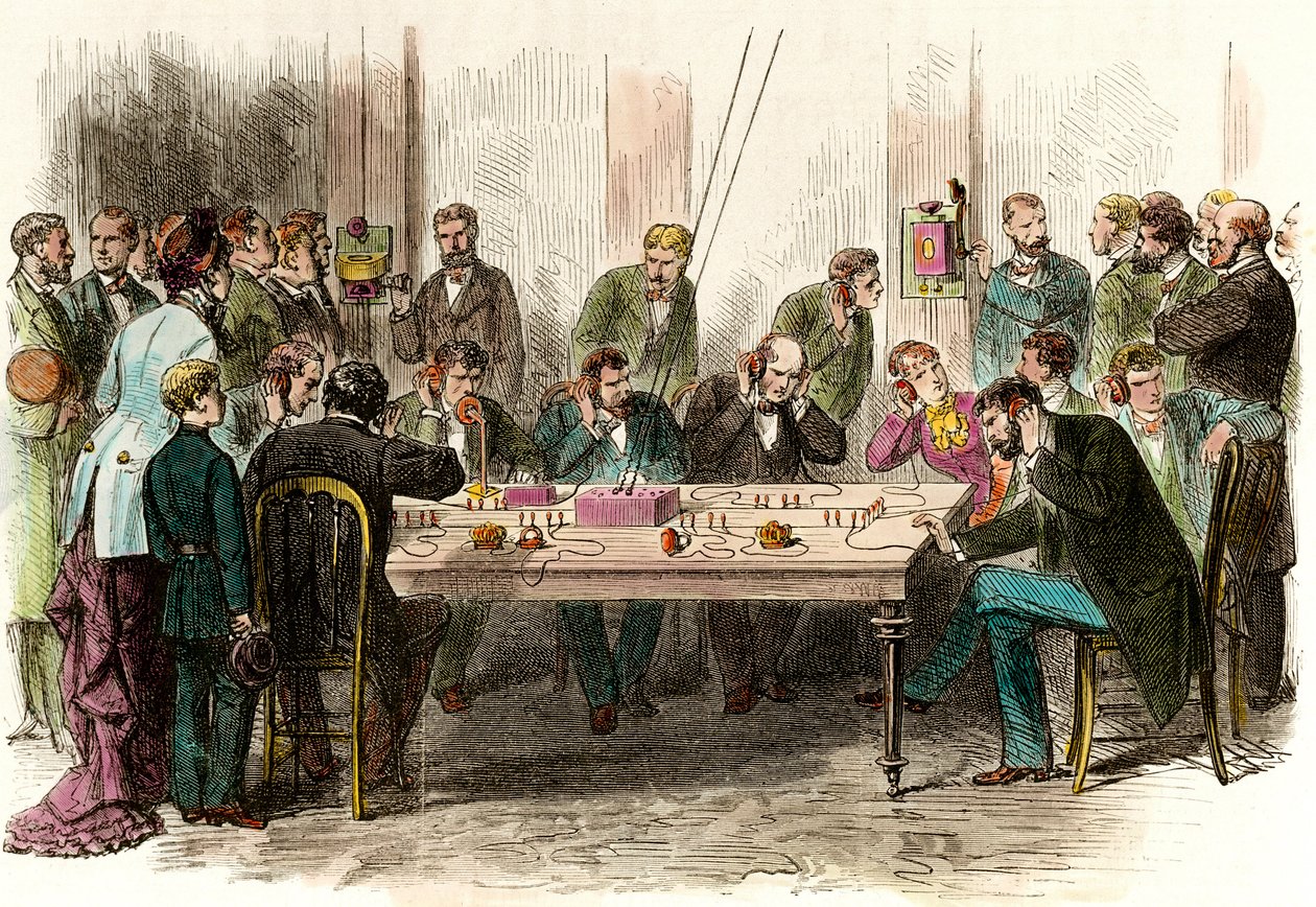 Experiencia de telefonía en la sala de espera de la estación Saint Lazare (Saint-Lazare) en París el 6/09/1879. Grabado del siglo XIX Colección Privada de Anonymous Anonymous
