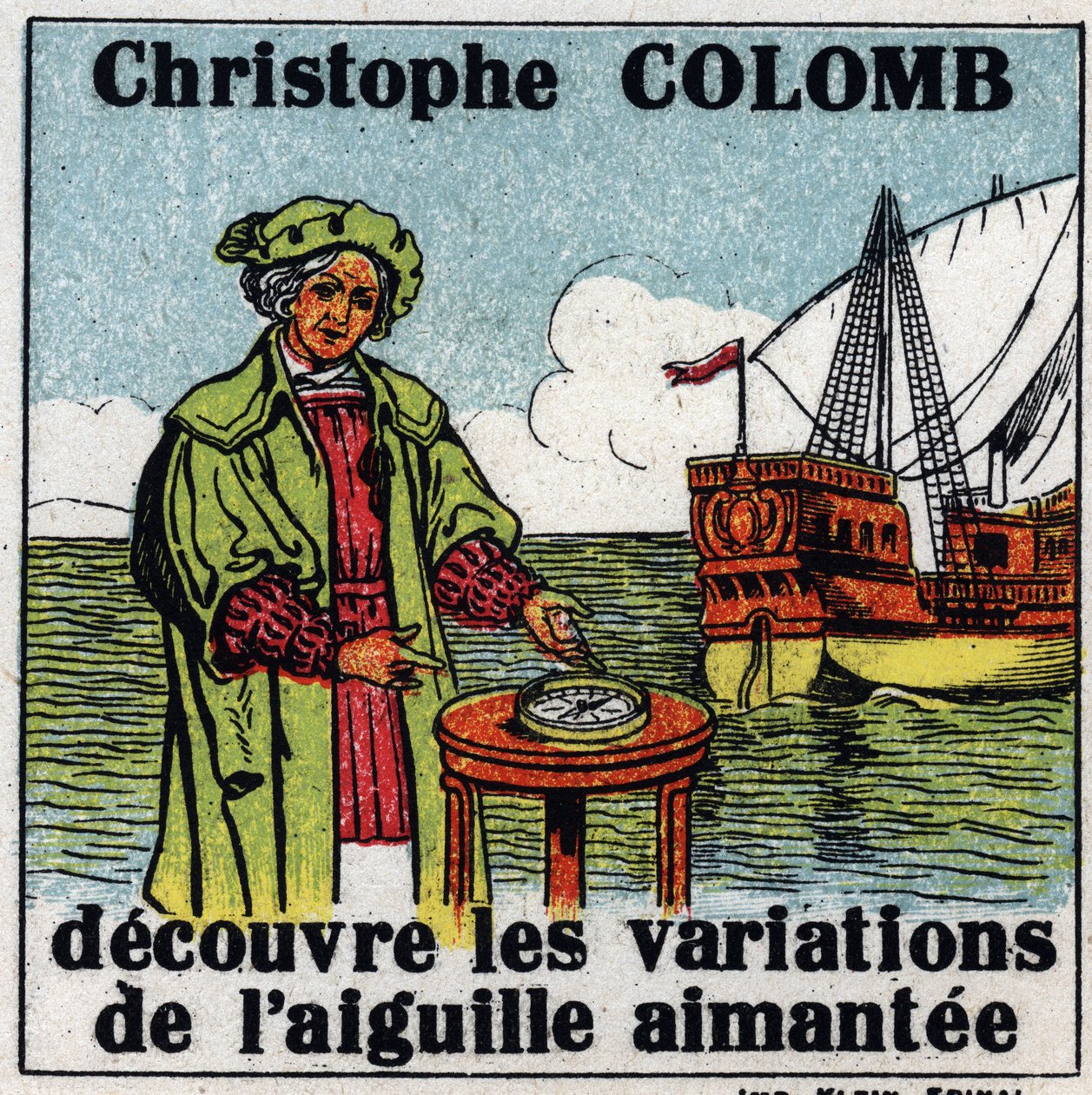 Magnetismo terrestre: Cristóbal Colón (1451-1506) descubre las variaciones de la aguja magnética de una brújula durante su viaje a América en 1492. Ilustración anónima de 1925. Colección privada. de Anonymous Anonymous