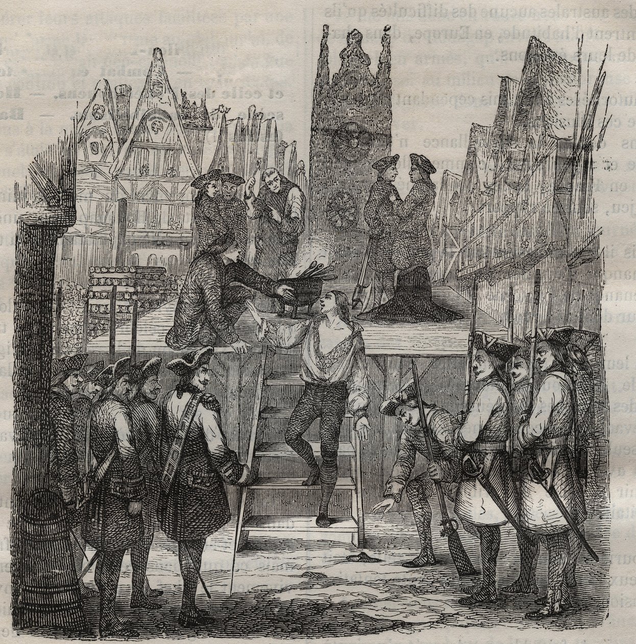 El Chevalier François-Jean Lefebvre de La Barre ascendiendo al cadalso en 1766. Grabado en "Histoire des bagnes depuis leur création à nos jours" (1877) por Pierre Zaccone (1817-1895) de Anonymous Anonymous