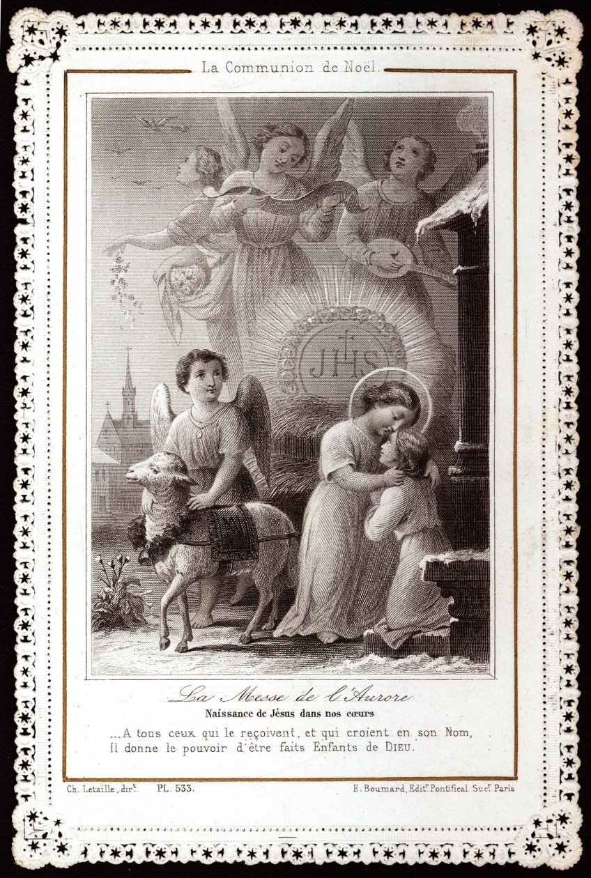 La comunión de Navidad. La misa del alba. Nacimiento de Jesús en nuestros corazones. Imagen piadosa. Postal dentada de Anonymous Anonymous