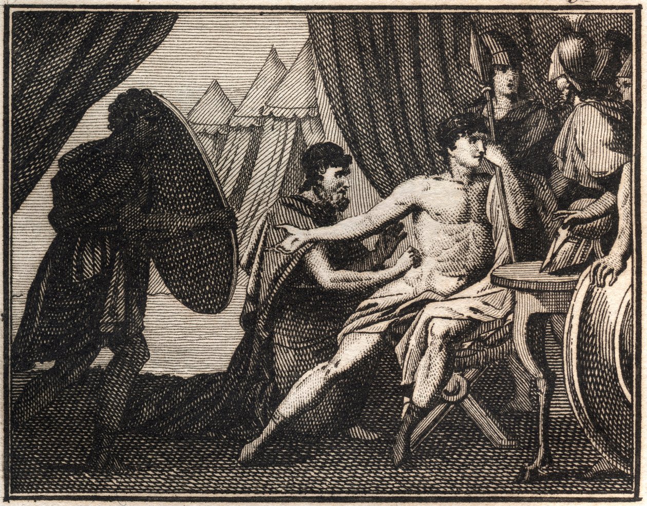 La muerte de Epaminondas (después de la batalla contra los espartanos en Mantinea 362 a.C.). Grabado de "The Rollin of Youth or Selected Pieces of Ancient and Roman Stories" 1816. Colección privada de Anonymous Anonymous
