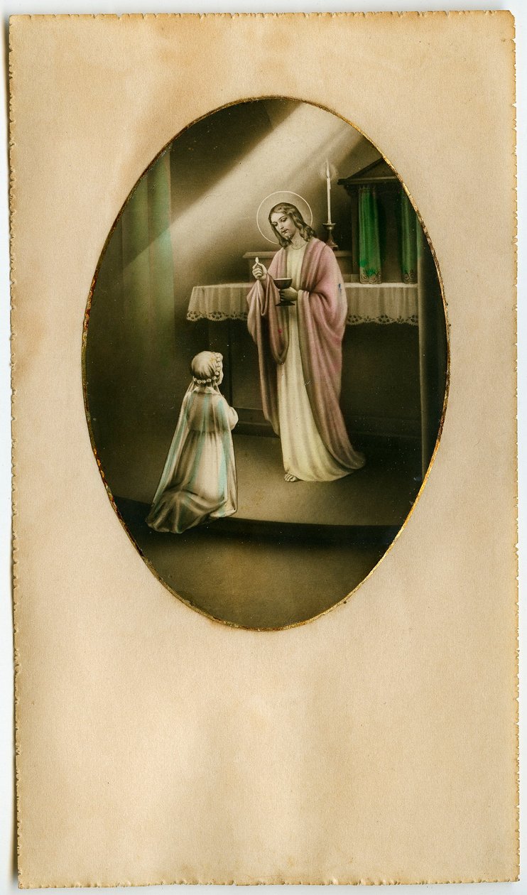 La Eucaristía, Santa Comunión, el Sacramento del Altar: un niño frente a Jesús (grabado) de Anonymous Anonymous