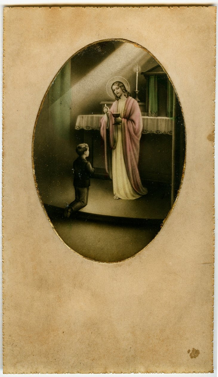 La Eucaristía, Santa Comunión, el Sacramento del Altar: un niño frente a Jesús (grabado) de Anonymous Anonymous