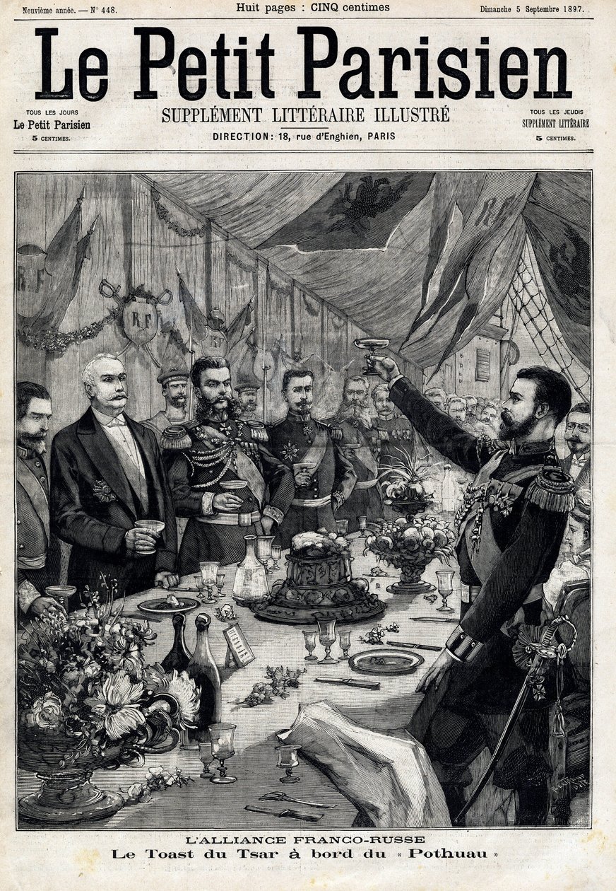 La alianza franco-rusa: el brindis del zar Nicolás II (1868-1918) en honor del presidente francés Félix Faure (1841-1899) a bordo del Pothau. En "Le Petit Parisien" el 5/09/1897. Colección privada de Anonymous Anonymous