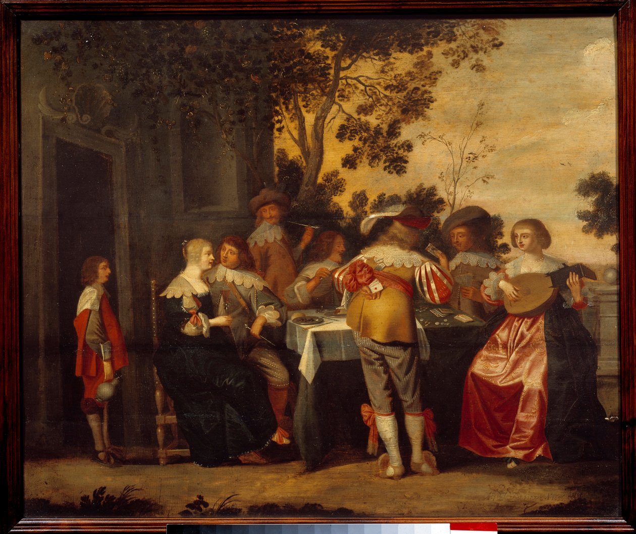 La escena galante juego de cartas con pareja de jugadores y músicos. Pintura anónima. Siglo XVII Lille, Museo de Bellas Artes de Anonymous Anonymous