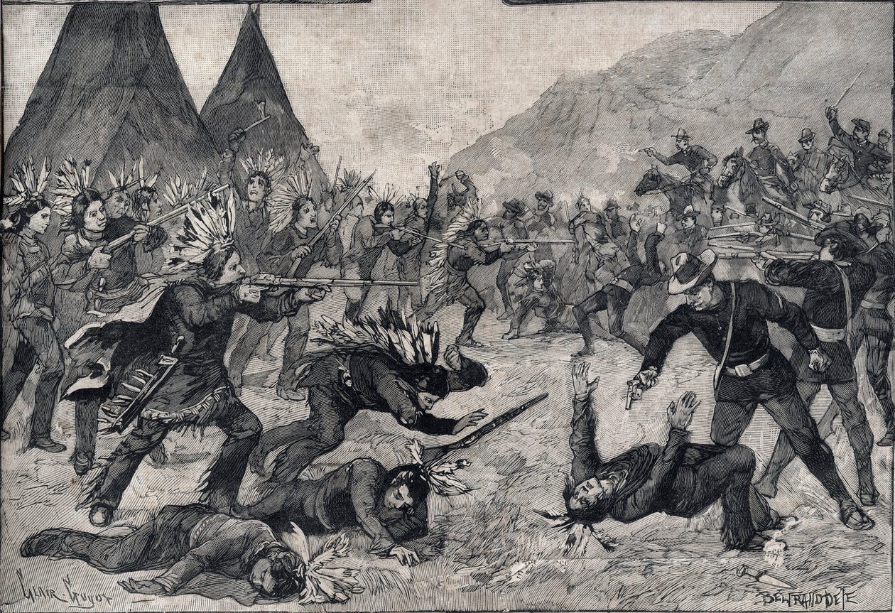 La revuelta india en los Estados Unidos: una pelea entre indios sioux y tropas americanas. Grabado en “Le petit Parisien” de 1891. Colección privada. de Anonymous Anonymous