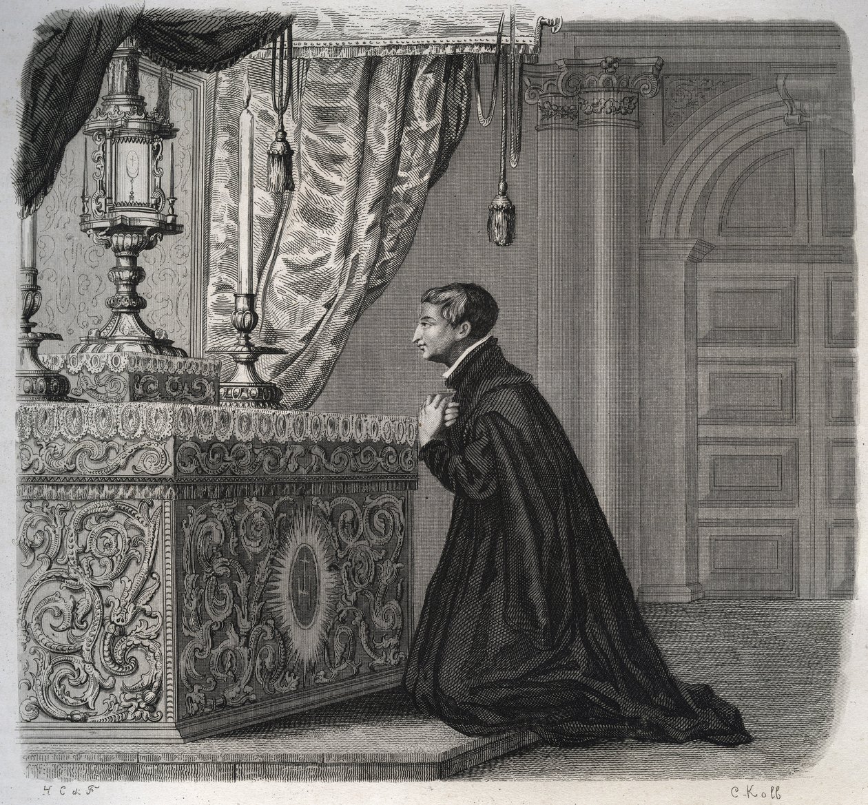 El jesuita italiano Luis de Gonzaga (San Luis Gonzaga) (1568-1591) en oración. Grabado de 1846 en “Vidas de los santos”. Colección privada de Anonymous Anonymous