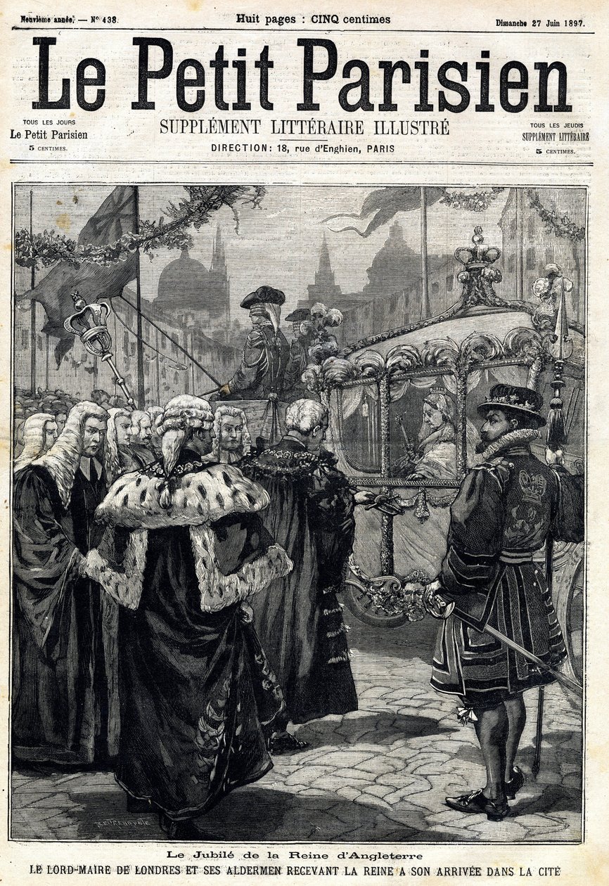 El Jubileo de la Reina de Inglaterra Victoria: el alcalde de Londres Horatio Davies (1819-1901) y sus concejales recibiendo a la Reina en la ciudad. En "Le Petit Parisien" el 27/06/1897. Colección privada de Anonymous Anonymous