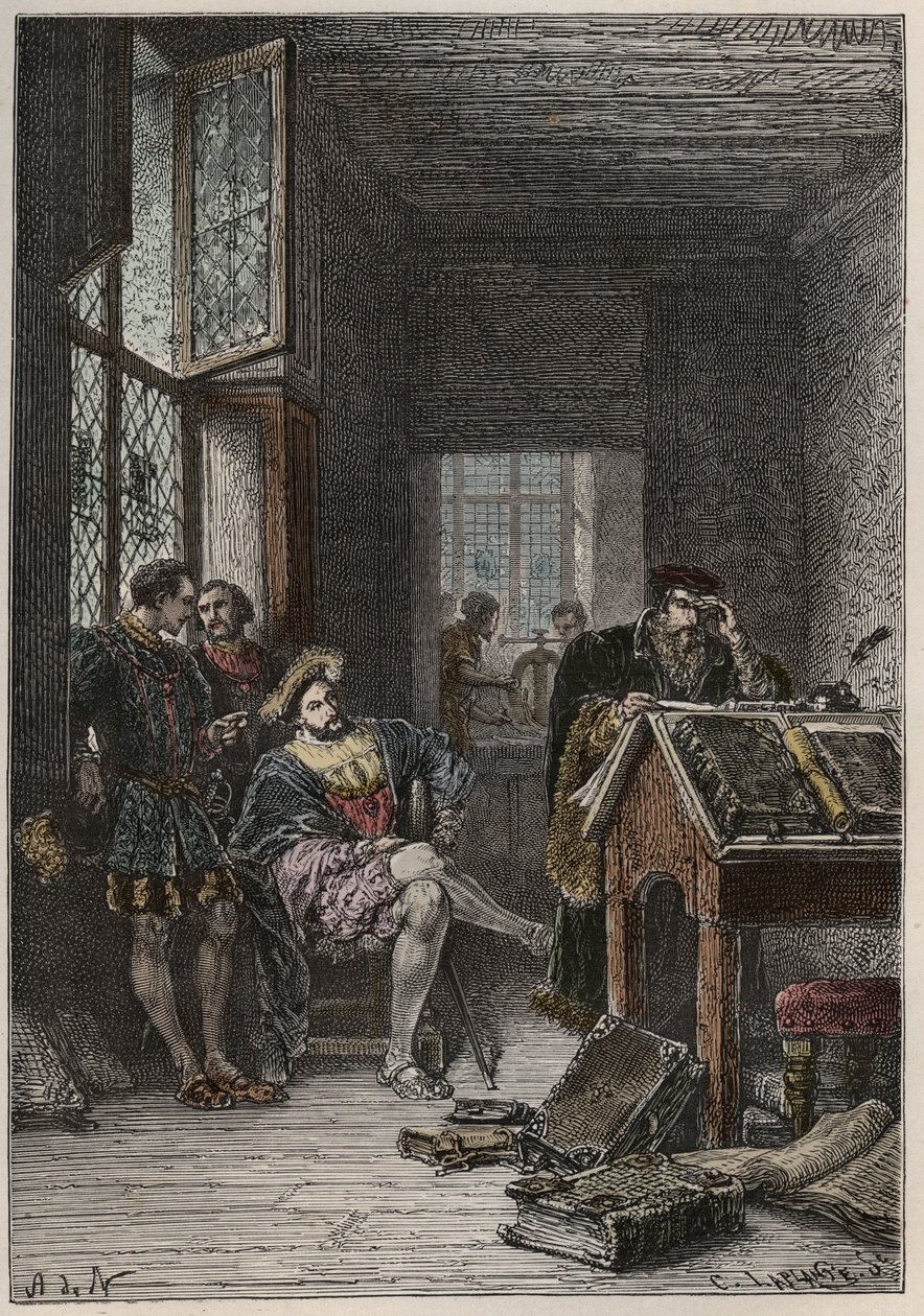 El Rey de Francia Francisco I (1494-1547), protector de las artes y las letras, visitando los talleres de los impresores Estienne (Robert Estienne), circa 1540 de Anonymous Anonymous