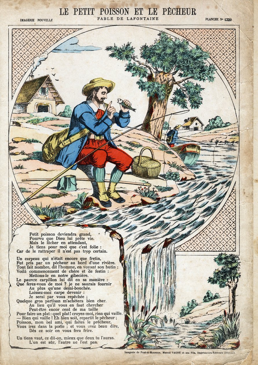 El Pequeño Pez y el Pescador. Ilustración anónima para Las Fábulas de Jean de La Fontaine (1621-1695). Imaginación de Pont-a-Mousson, circa 1880. Colección privada. de Anonymous Anonymous