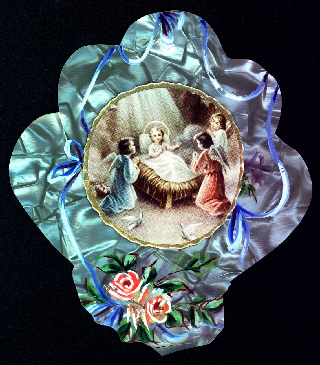 La Natividad. El niño Jesús rodeado de ángeles. Imagen piadosa. Postal dentada. Colección privada de Anonymous Anonymous