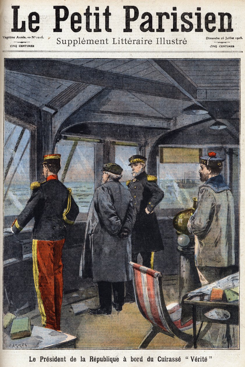 El presidente de la República Armand Fallieres (1841-1931) a bordo del acorazado "Verite". En "Le petit parisien" el 26/07/1908. Colección privada. de Anonymous Anonymous