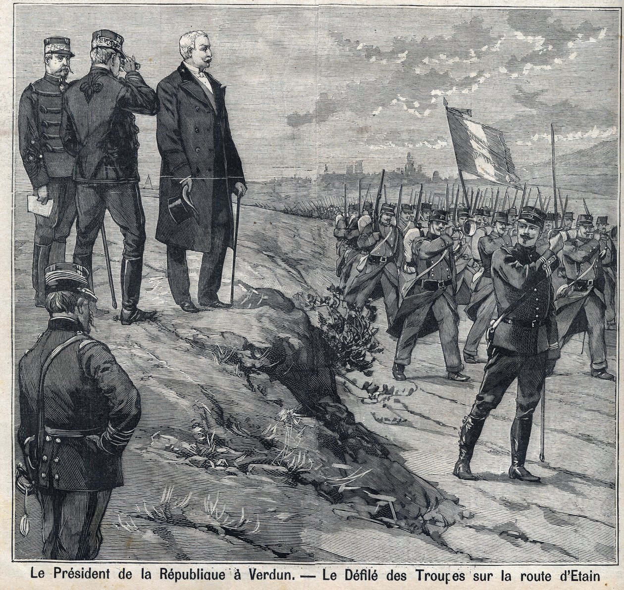 El Presidente de la República Félix Faure (1841-1899) visita Verdún (Mosa): el desfile de la escuela militar de la carretera de Etin. Grabado en “Le Petro Parisien” de Anonymous Anonymous