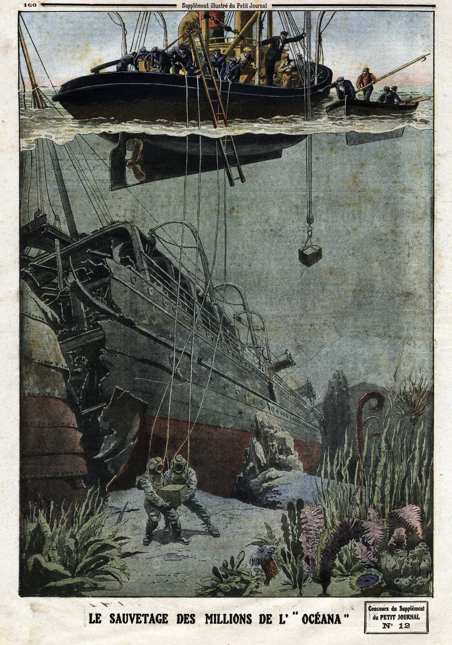 El rescate de los millones del Oceana: buzos se sumergen frente a Eastbourne para recoger los 18 millones de metal que el transatlántico británico debía transportar a la India. Grabado en “Le Petite Journal”, el 19/05/1912. Colección privada. de Anonymous Anonymous