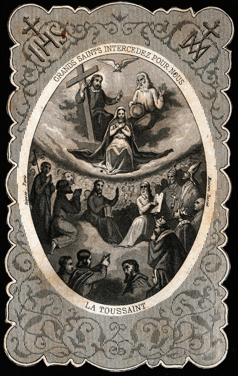La Virgen María con la Santísima Trinidad (Dios, Jesucristo y la paloma del Espíritu Santo). Tarjeta dentada. Siglo XIX. Colección privada de Anonymous Anonymous