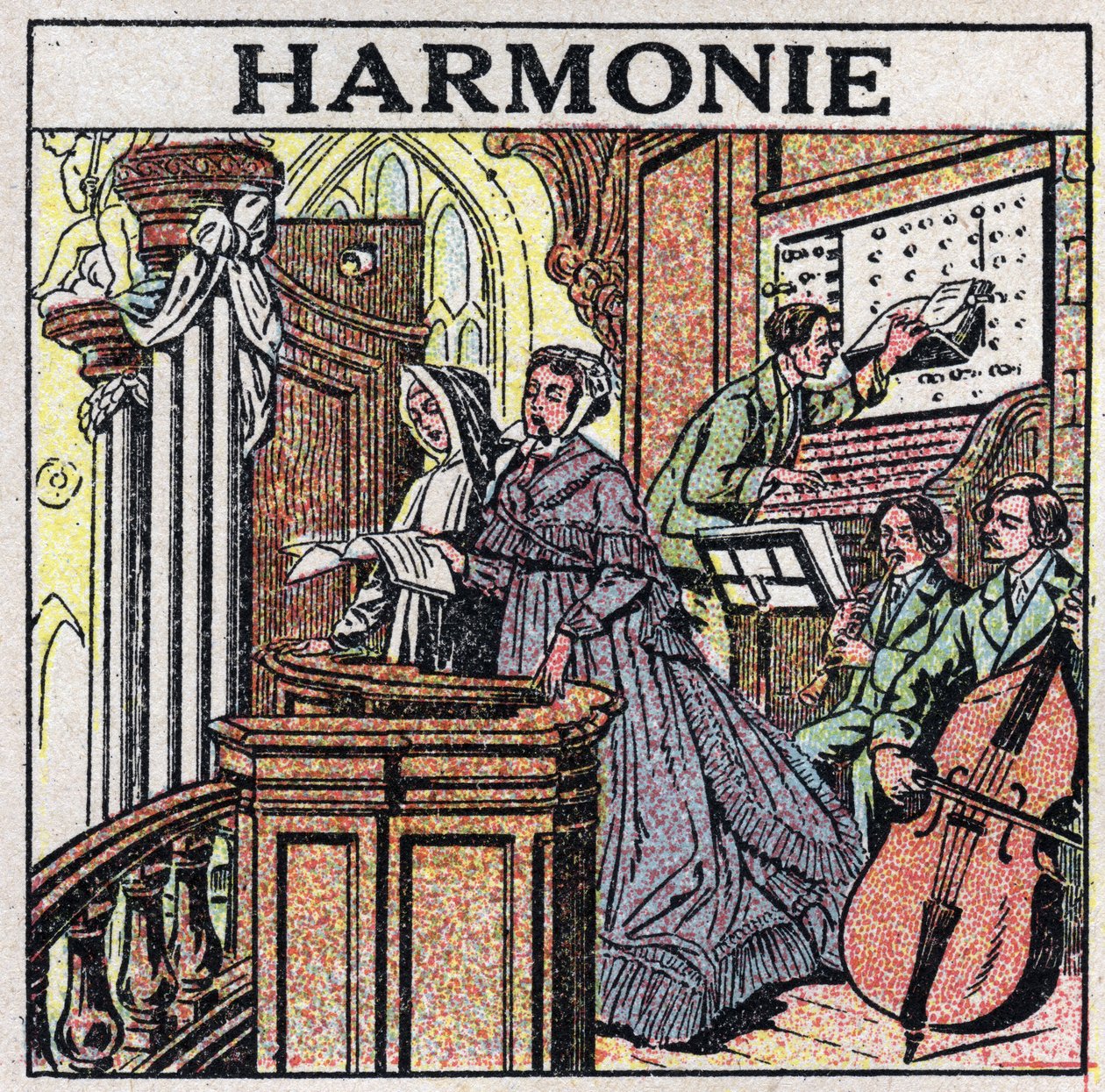 El arte de los sonidos: armonía. Cantantes y músicos en una iglesia. Ilustración anónima de 1925. Colección privada. de Anonymous Anonymous