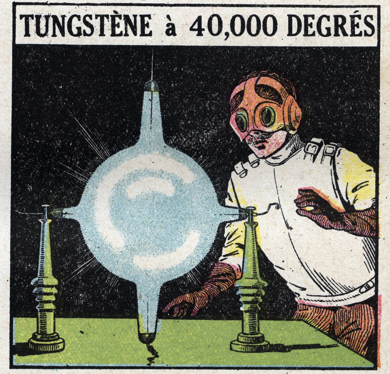 El átomo y la ciencia: intento de disolver tungsteno volatilizando un fino alambre de este metal a 40,000 grados. Ilustración anónima de 1925. Colección privada. de Anonymous Anonymous