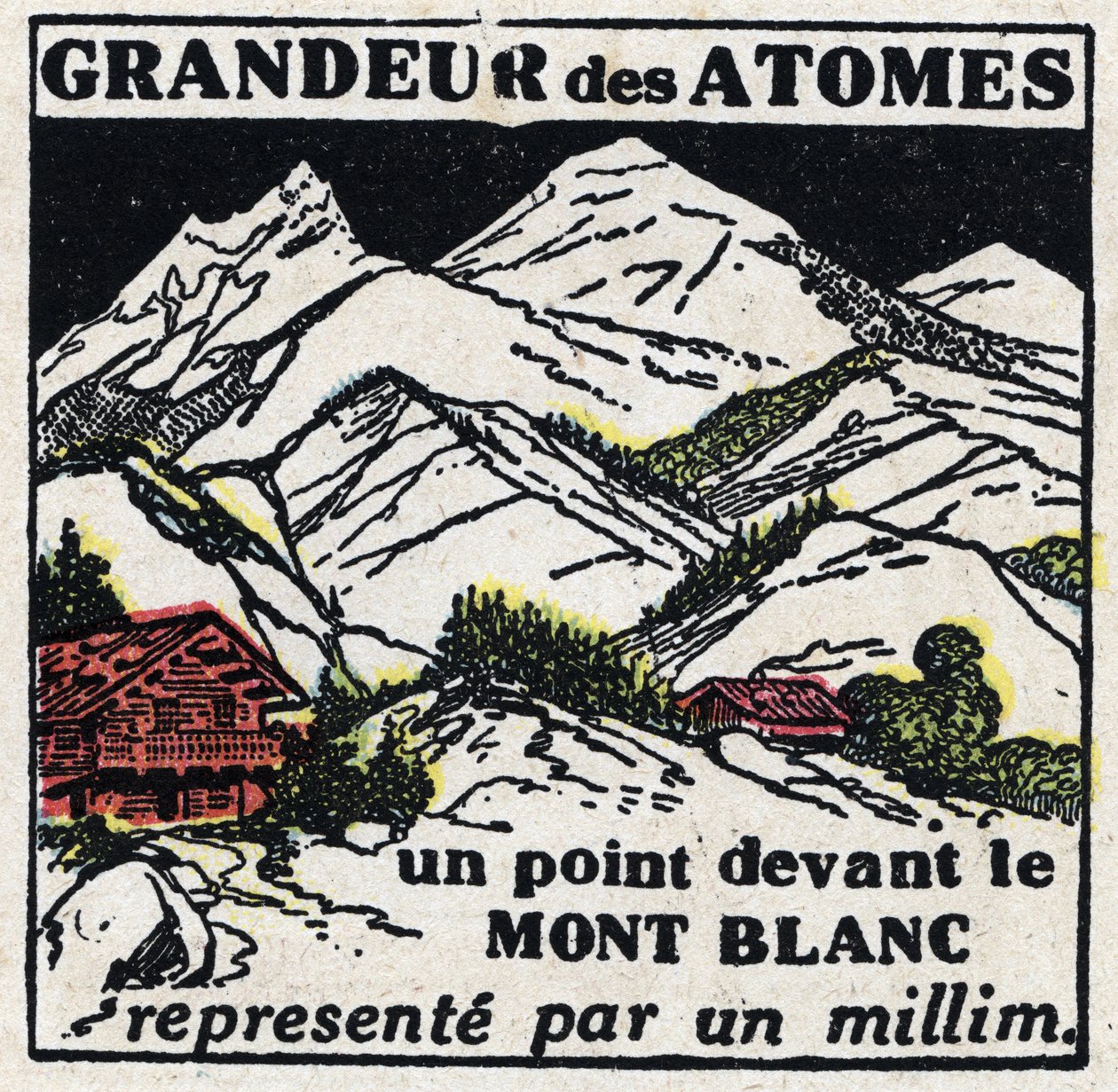 El átomo y la ciencia: el tamaño de los átomos. Un punto frente al Mont Blanc representado por un milímetro. Ilustración anónima de 1925. Colección privada. de Anonymous Anonymous