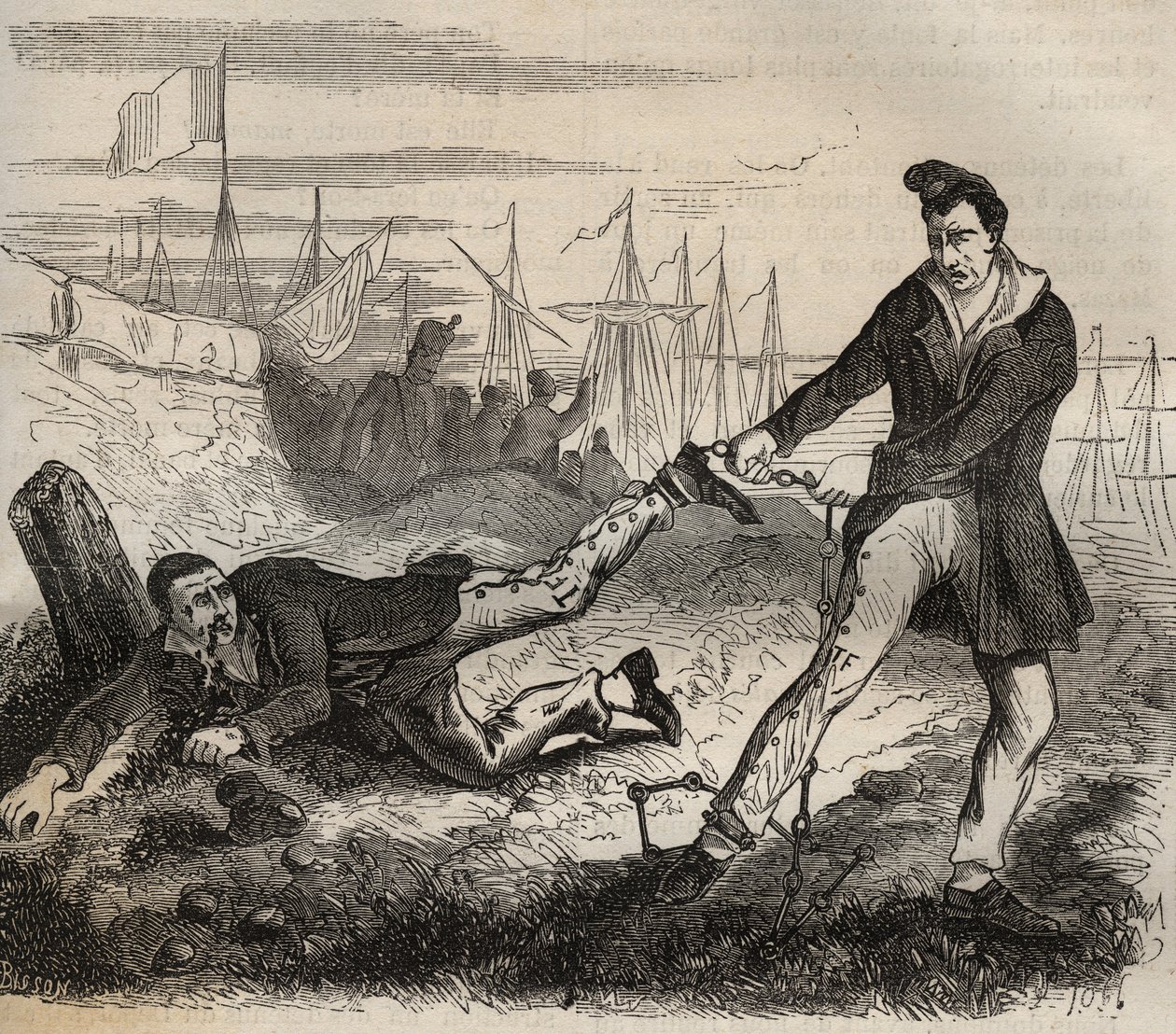 El mayor tormento del forzado es ser un desparejado. Pelea entre dos prisioneros conectados por la misma cadena. Bagne de Rochefort en el siglo XIX. Grabado en “Histoire des bagnes depuis leur création à nos jours” (1877) de Pierre Zaccone (1817-1895). de Anonymous Anonymous