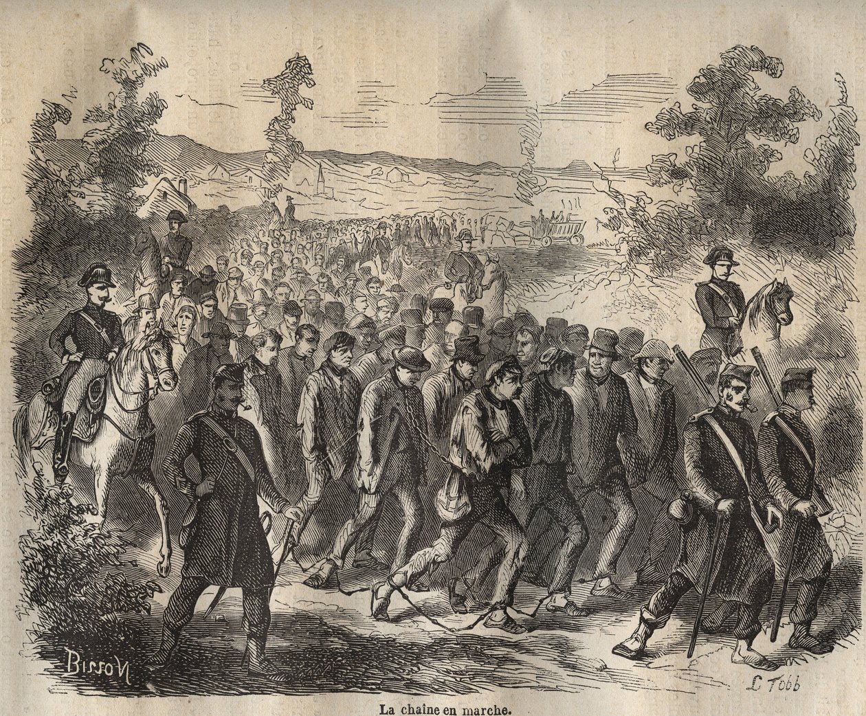 La cadena comenzó en el Bagne de Toulon en el siglo XIX. Grabado en “Histoire des bagnes depuis leur création à nos jours” (1877) por Pierre Zaccone (1817-1895). Colección privada. de Anonymous Anonymous