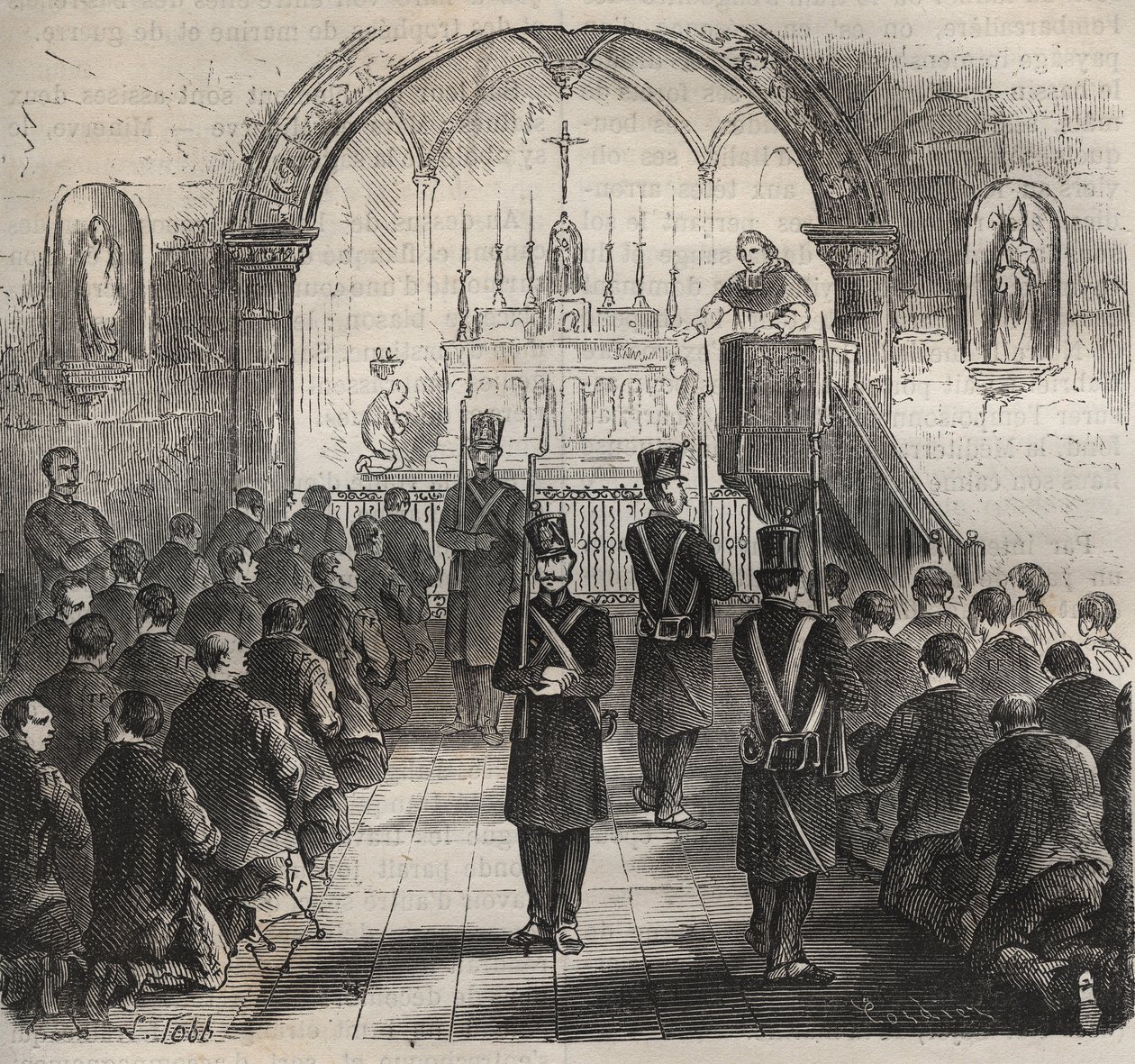 La capilla del bagne de Toulon en el siglo XIX. Grabado en “Histoire des bagnes depuis leur creación à nos jours” (1877) por Pierre Zaccone (1817-1895). Colección privada. de Anonymous Anonymous
