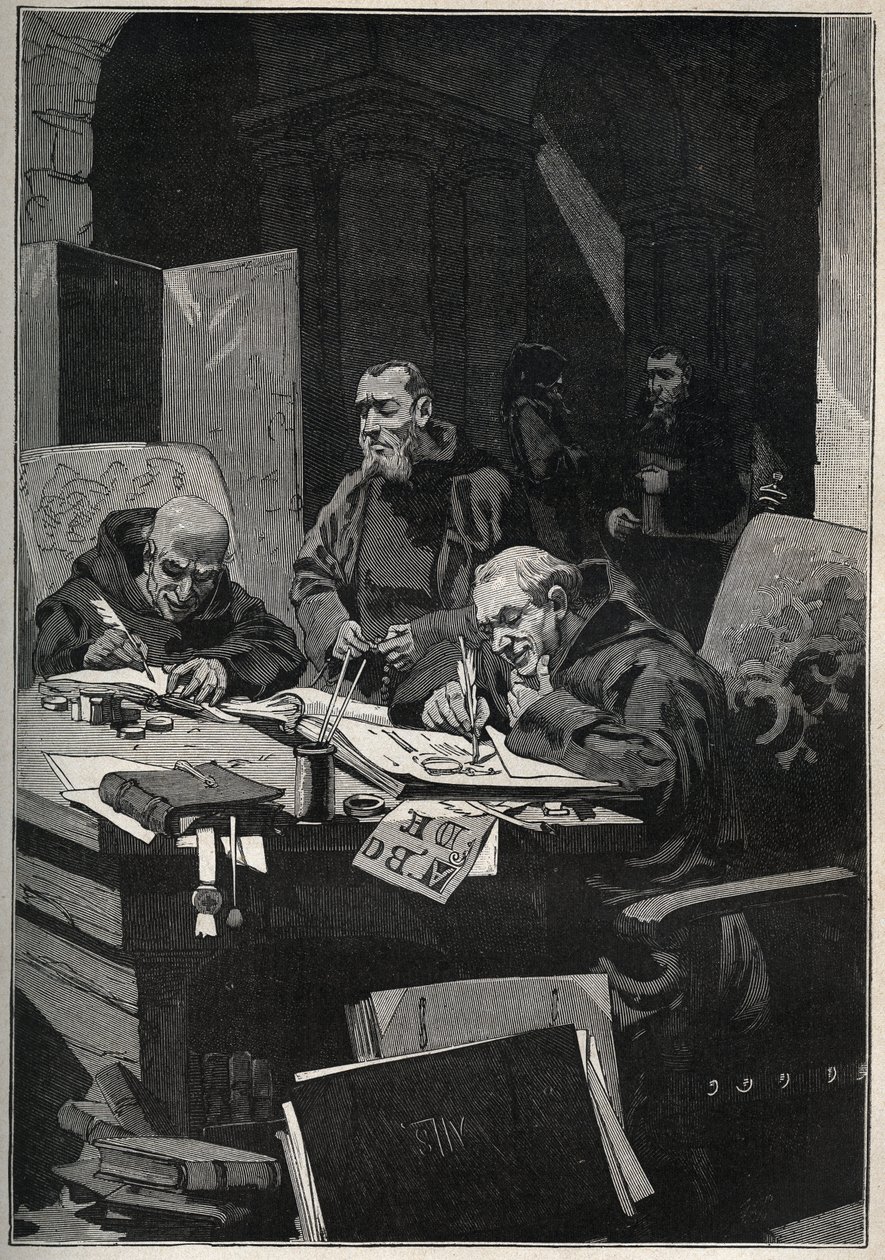 El crisógrafo: monjes copistas realizando iluminaciones en letras doradas en la Edad Media. Grabado de 1885 en “Les arts et métiers illustrés” por Adolphe BITARD. de Anonymous Anonymous