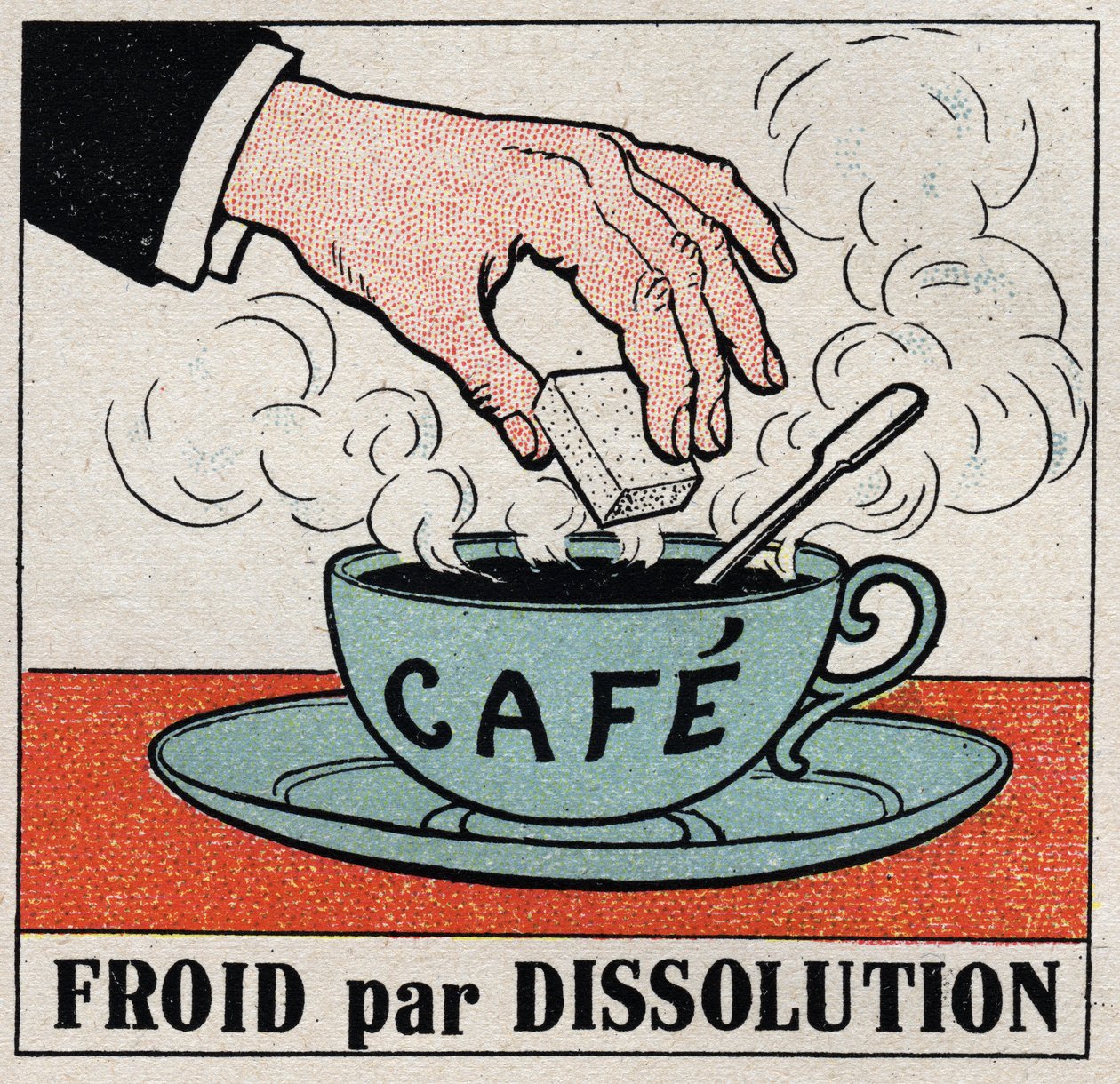 La industria del frío: frío por disolución. Poner un azúcar en una taza de café caliente hace que el café se enfríe. Ilustración anónima de 1925. Colección privada de Anonymous Anonymous