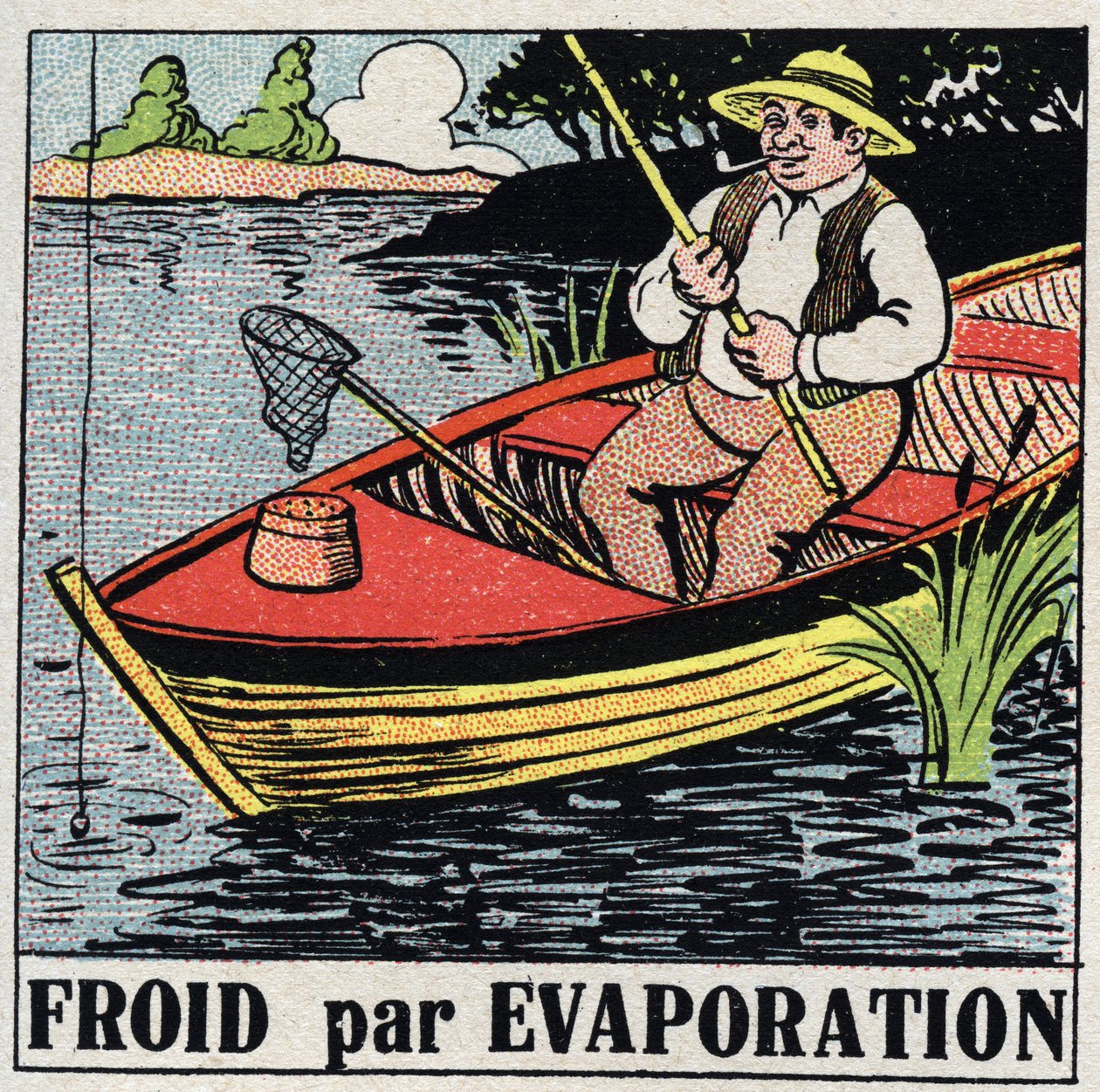 La industria del frío: frío por evaporación. Un pescador en su bote se mantiene fresco gracias a la evaporación del agua del río. Ilustración anónima de 1925. Colección privada. de Anonymous Anonymous