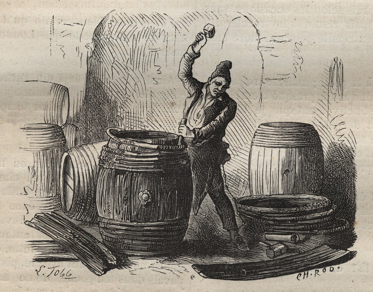 El tonelero del bagne de Toulon en el siglo XIX. Grabado en "Histoire des bagnes depuis leur creación à nos jours" (1877) por Pierre Zaccone (1817-1895). Colección privada de Anonymous Anonymous