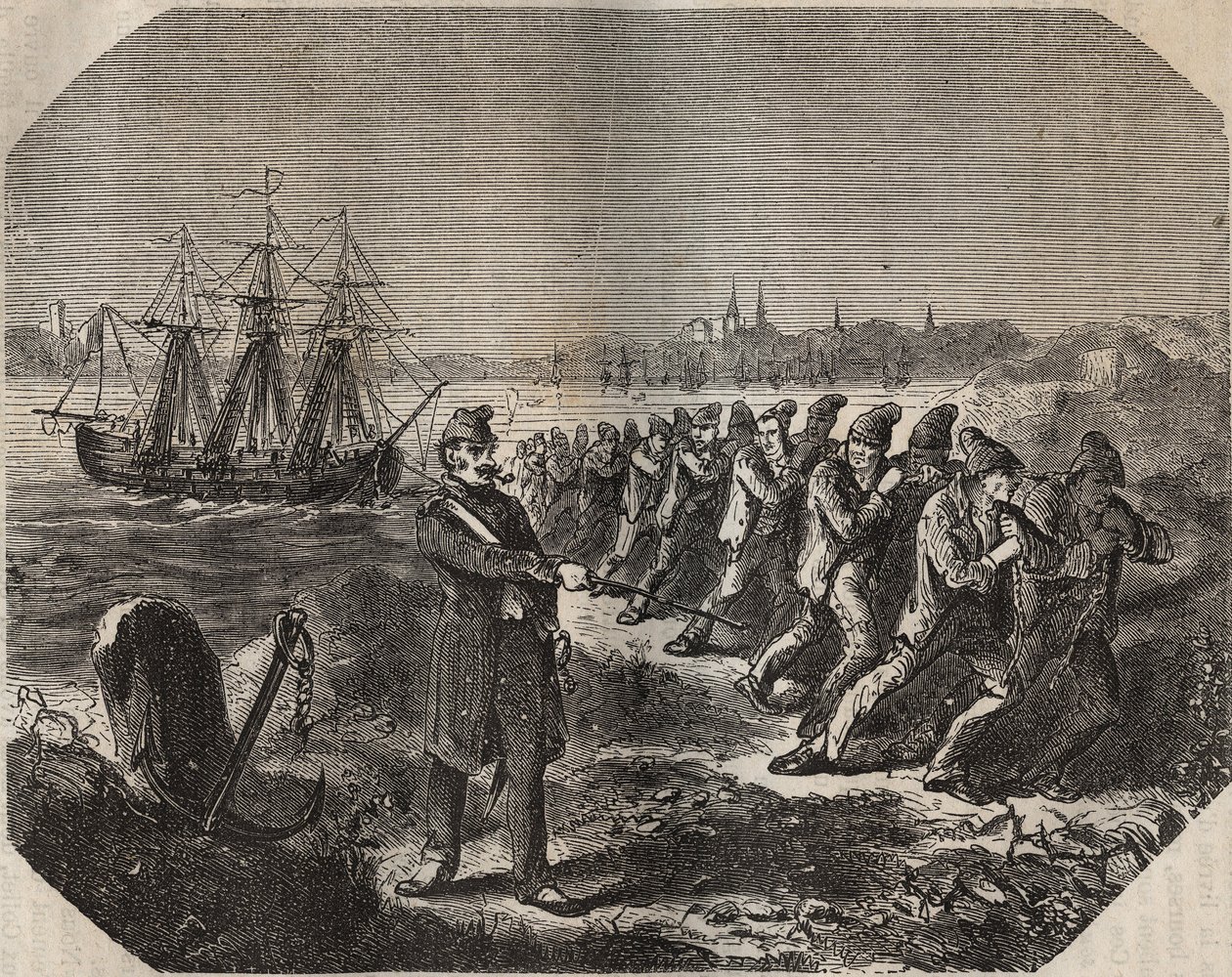 La cordelle (trabajo de gran fatiga) en el bagne de Rochefort en el siglo XIX. Grabado en "Histoire des bagnes depuis leur création à nos jours" (1877) por Pierre Zaccone (1817-1895) de Anonymous Anonymous