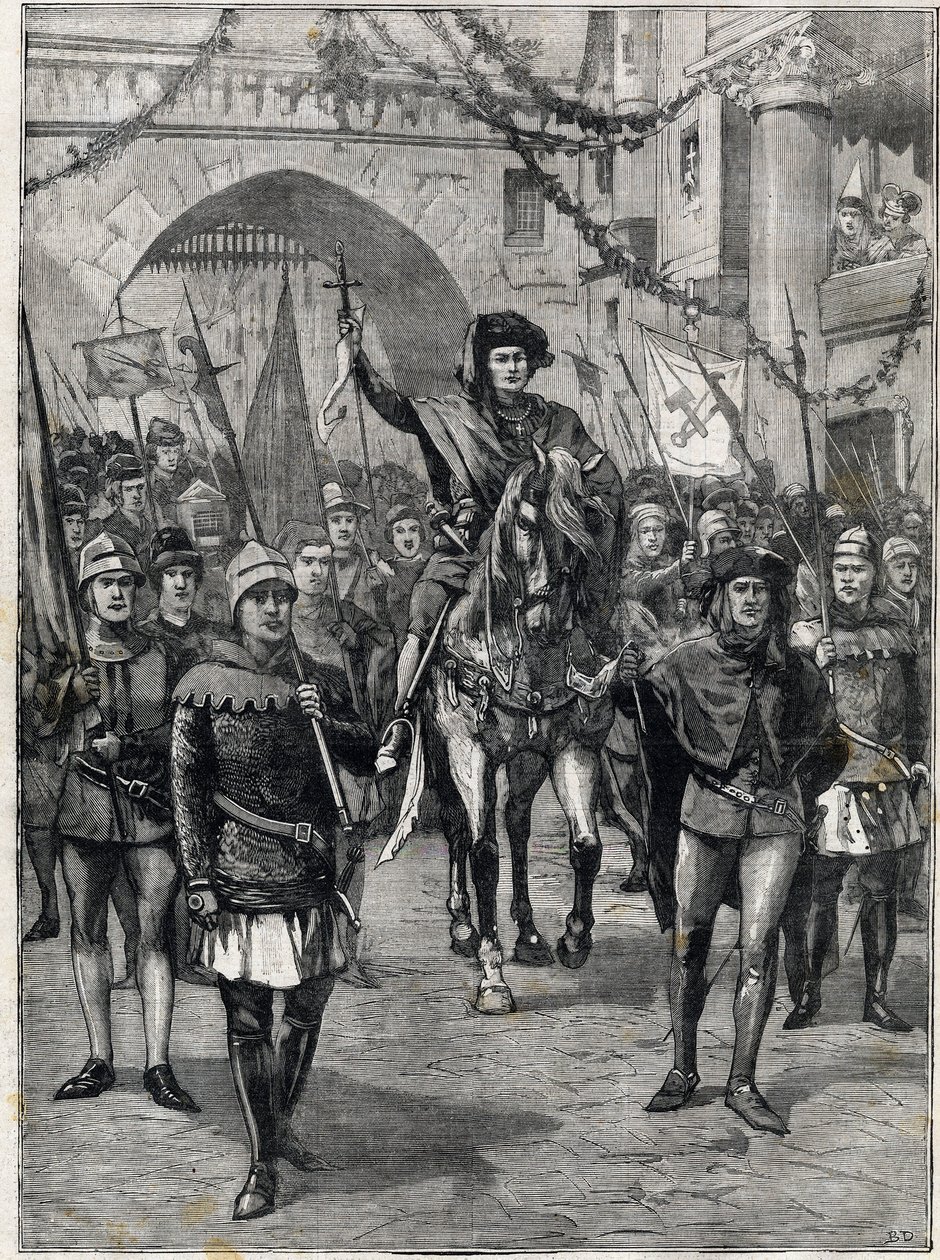 El cortejo de corporaciones en el siglo XIV: El preboste de los mercaderes de París. Grabado. En “Le petit parisien”, el 18/06/1899. Colección privada. de Anonymous Anonymous
